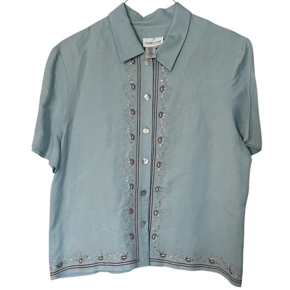 Coldwater Creek Shirt Light Blue Embroidery Blouse Mother of Pearl Buttons Sz 14 - Picture 1 of 8